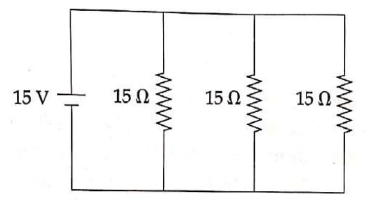 15 V cell connected across three 15 ohm resistors in parallel